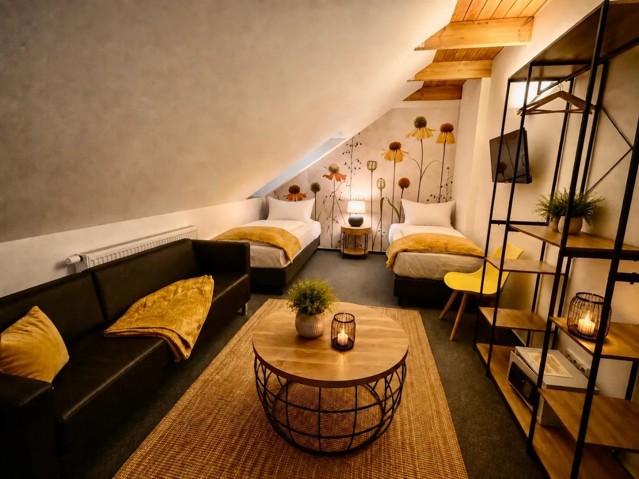 Dreibettzimmer mit zwei Einzelbetten und gemütlicher Sitzecke