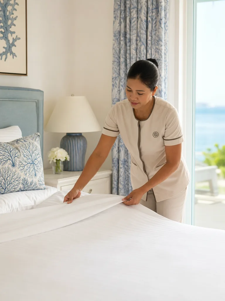 Professionelle Reinigungskraft bezieht ein Bett mit frischer Wäsche